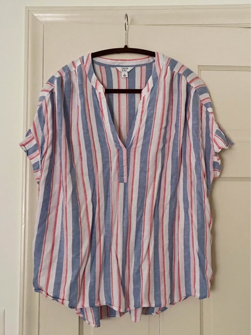 crown & ivy Blue, White & Pink Striped V-Neck Blouse